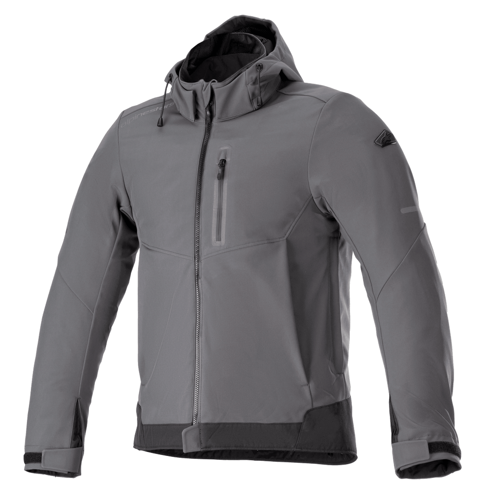 Alpinestars Neo Waterproof Hoodie, giacca da moto urbana, grigio Tar e nero, giacca con cappuccio e zip frontale, tasca sul petto, polsini regolabili in velcro, softshell tecnico resistente alle intemperie, design moderno e lineare