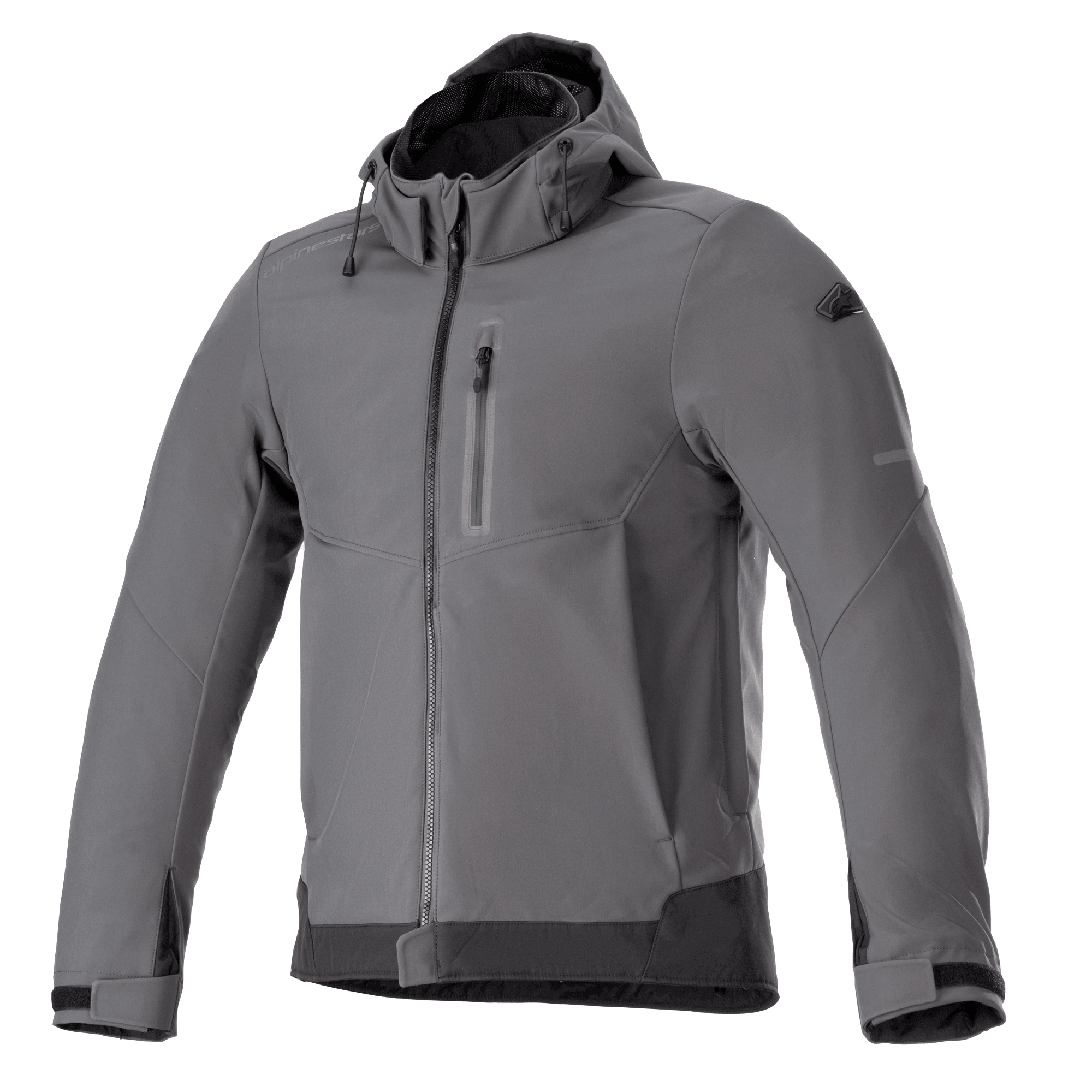 Alpinestars Neo Waterproof Hoodie, giacca da moto urbana, grigio Tar e nero, giacca con cappuccio e zip frontale, tasca sul petto, polsini regolabili in velcro, softshell tecnico resistente alle intemperie, design moderno e lineare