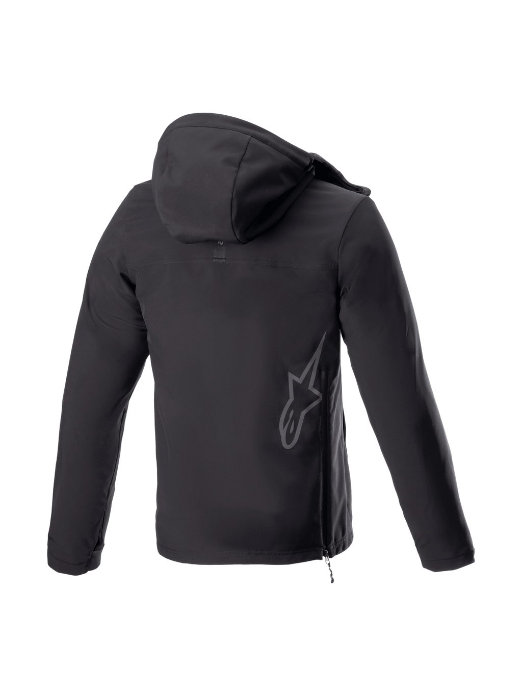 Alpinestars Giacca con cappuccio Sherpa, vista posteriore, giacca da moto urban nera, logo riflettente e zip laterale
