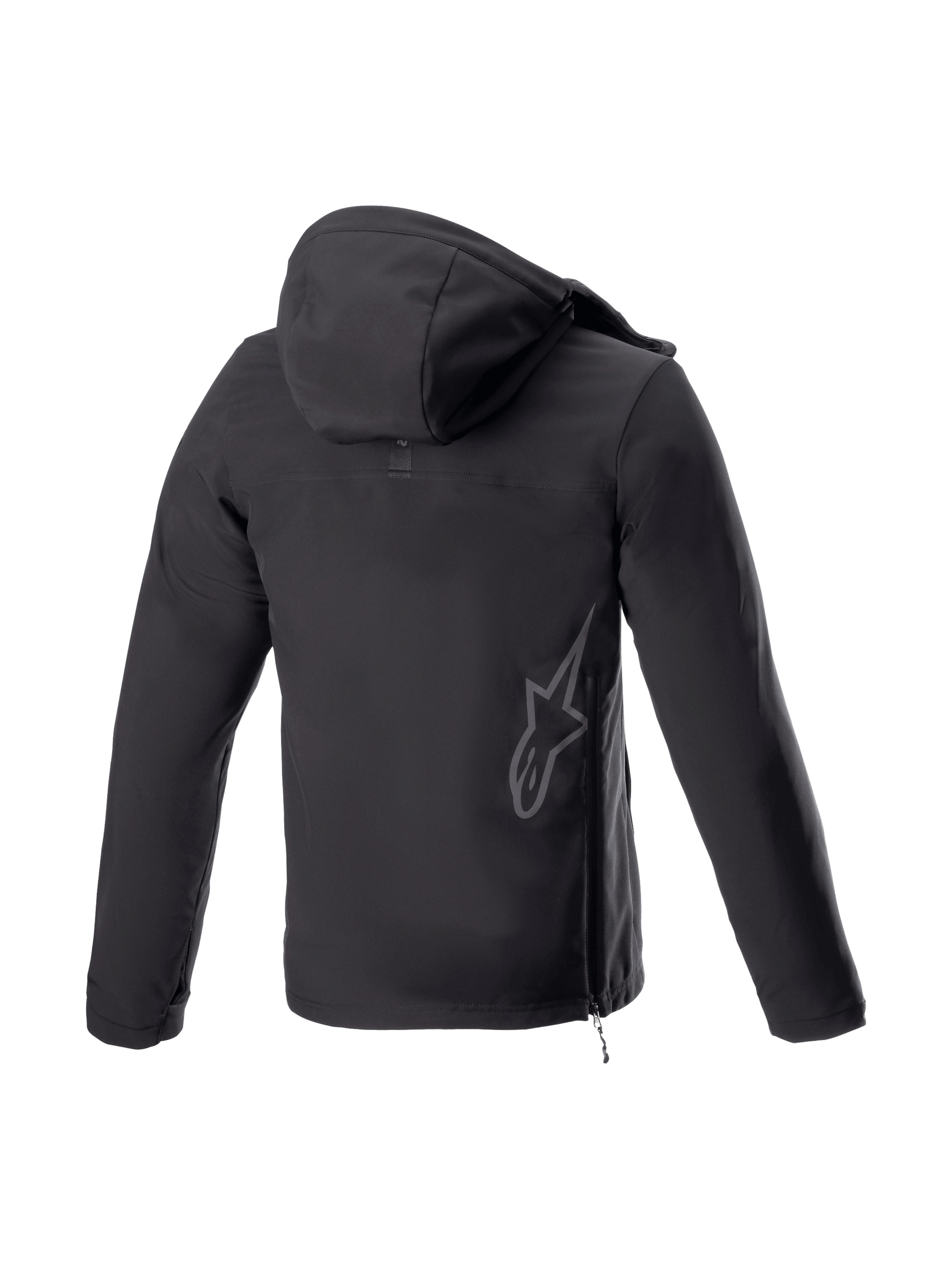 Alpinestars Giacca con cappuccio Sherpa, vista posteriore, giacca da moto urban nera, logo riflettente e zip laterale