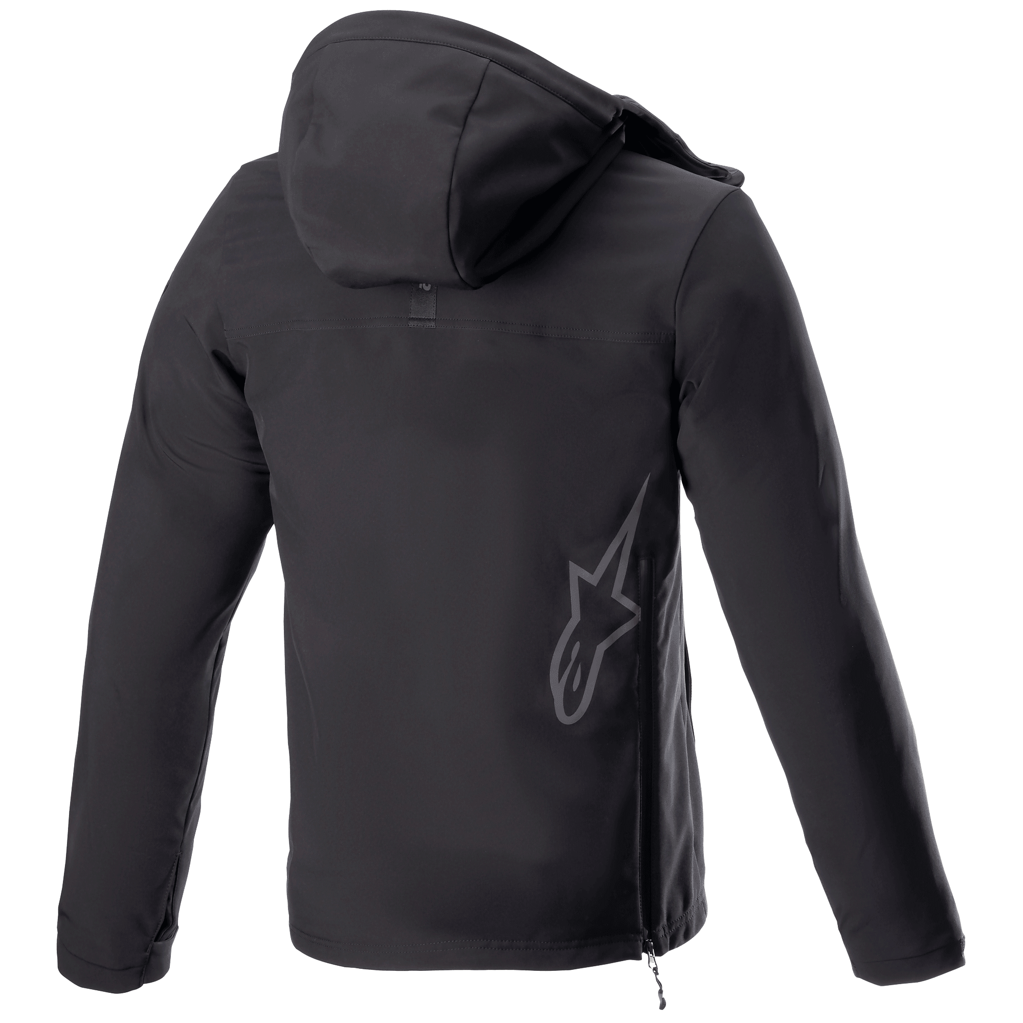 Alpinestars Sherpa Hoodie, giacca felpa da moto urban, Black Reflex, vista posteriore con un grande logo a stella Alpinestars riflettente sulla parte bassa della schiena, chiusura con zip laterale e cappuccio, design in softshell antivento.