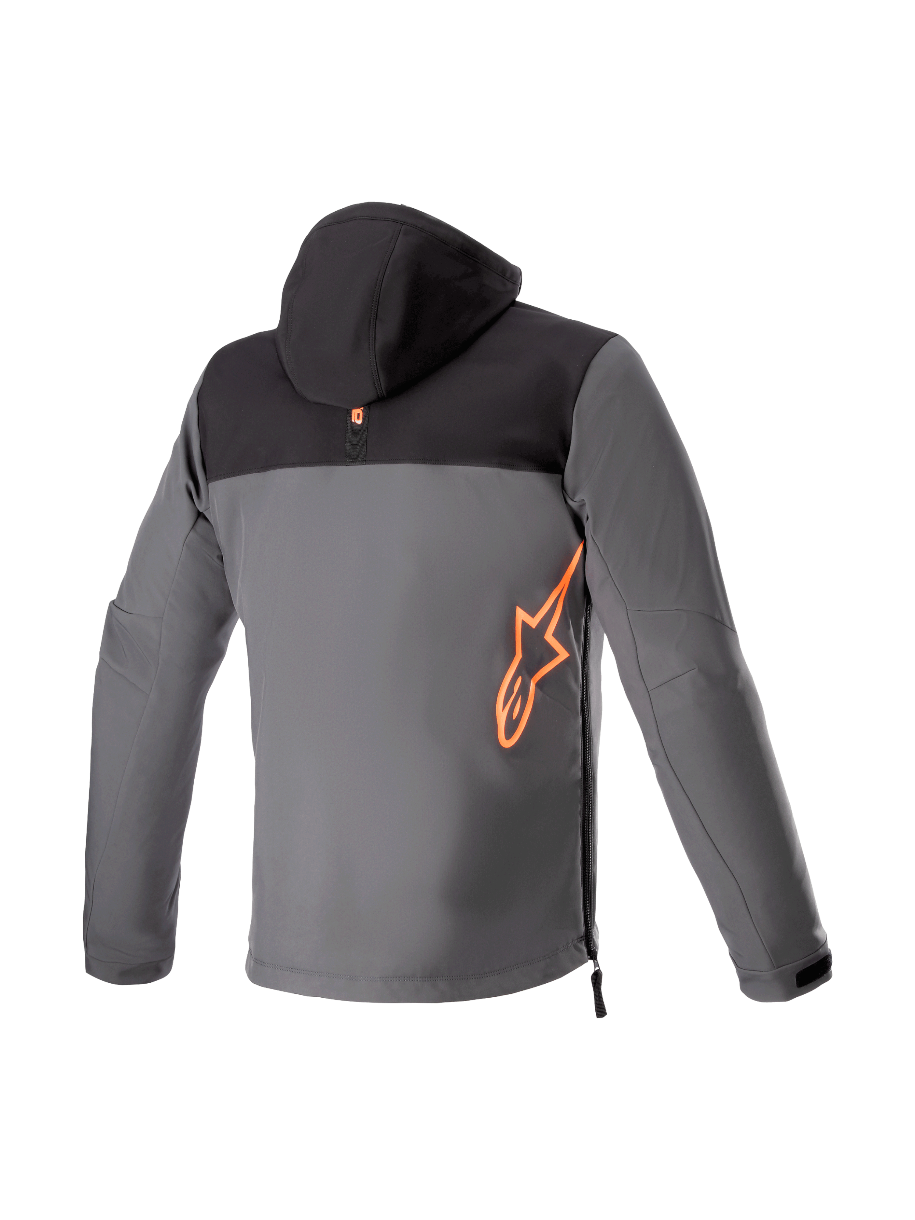 Alpinestars Felpa con cappuccio Sherpa, giacca da moto urban da uomo, nero e grigio catrame, vista posteriore con logo rosso fluo, in tessuto softshell, predisposta per airbag Tech-Air