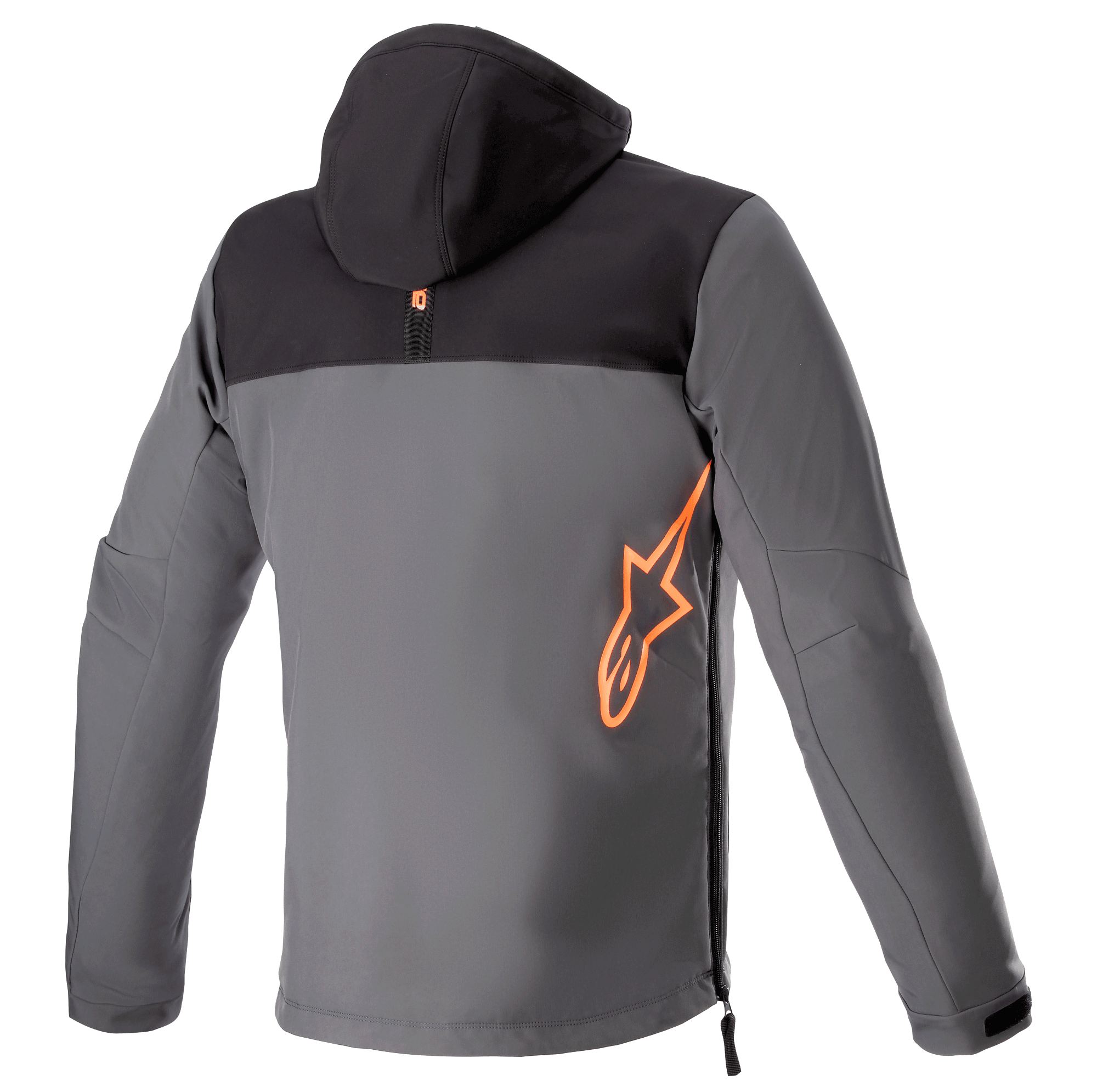 Alpinestars Sherpa Hoodie, vista posteriore, giacca tecnica da moto in nero e grigio, grande logo Alpinestars arancione fluorescente sulla parte inferiore della schiena, apertura laterale con zip, abbigliamento urban riding in softshell