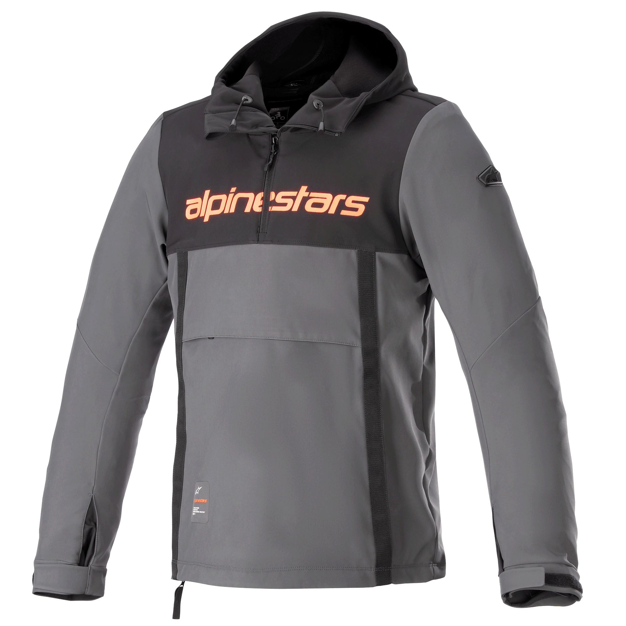 Alpinestars Sherpa Hoodie, giacca tecnica da moto urbana, grigia con pannello nero sul petto e logo arancione, stile anorak con tasca frontale a marsupio e polsini regolabili, design softshell antivento