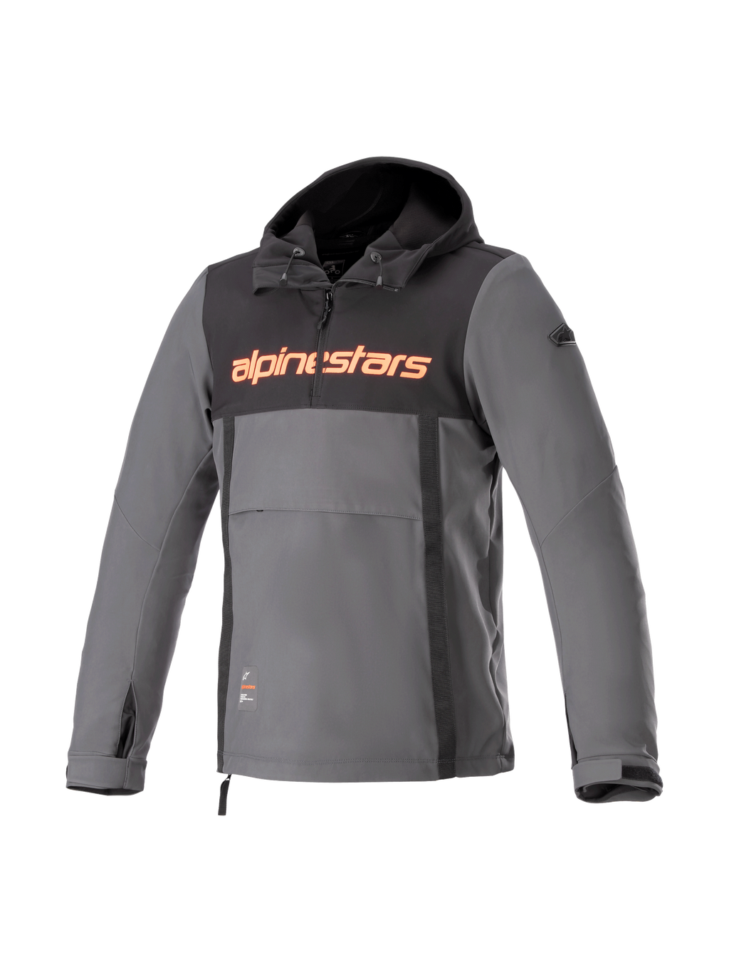 Alpinestars Felpa con cappuccio Sherpa, giacca da moto urban grigia e nera, softshell antivento, logo rosso fluo.