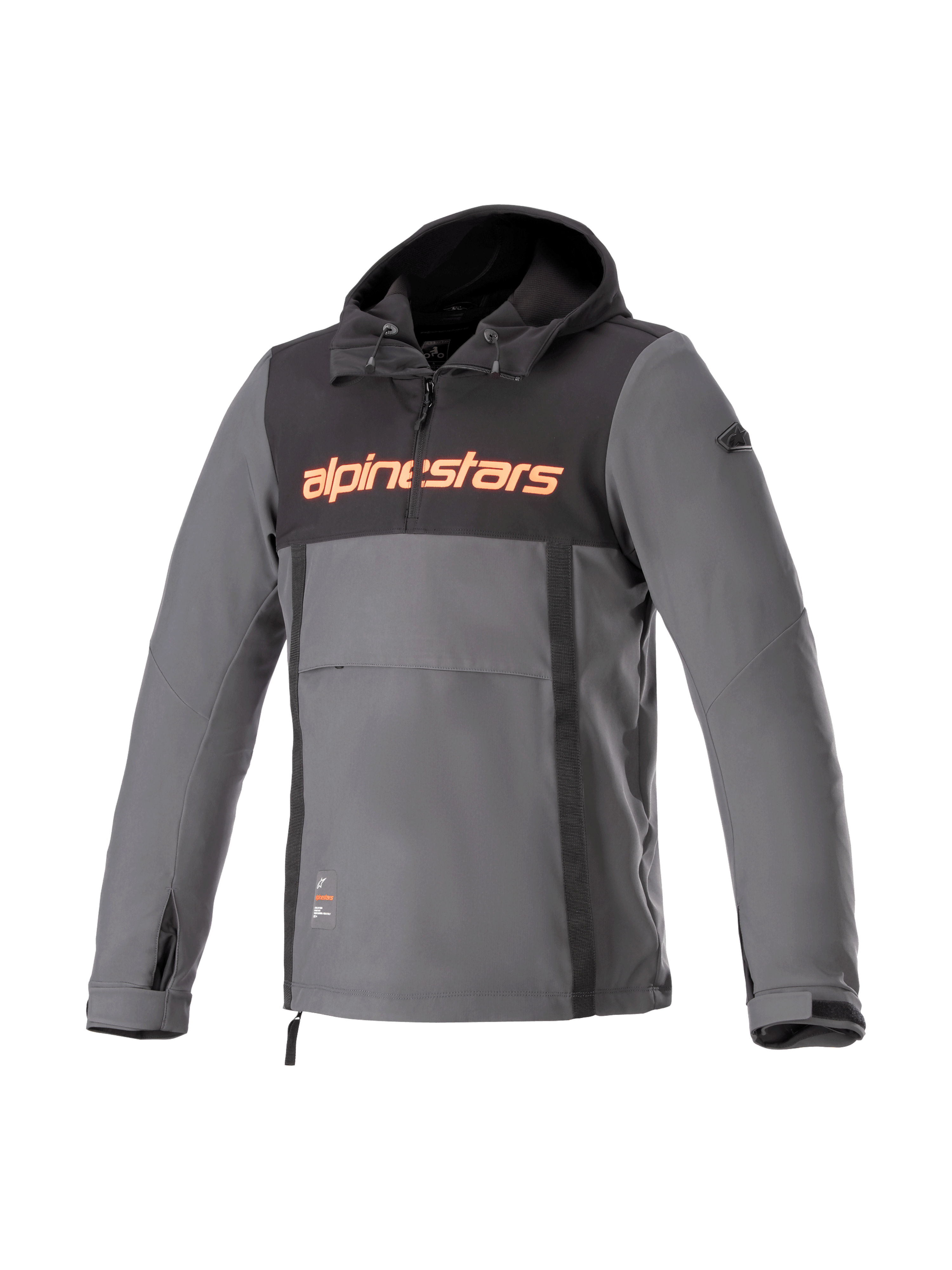 Alpinestars Felpa con cappuccio Sherpa, giacca da moto urban grigia e nera, softshell antivento, logo rosso fluo.