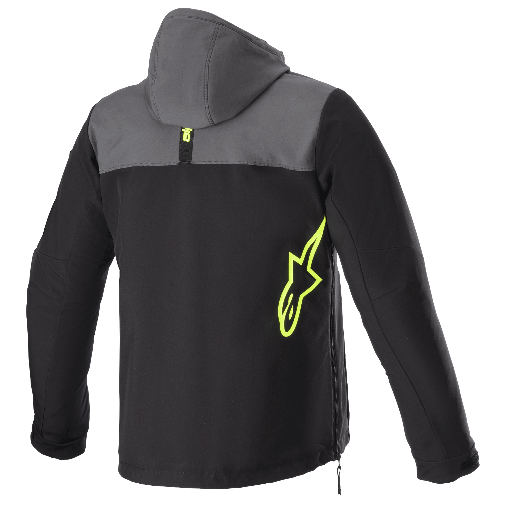 Alpinestars Sherpa Hoodie, vista posteriore, Grigio Tar e nero con accenti giallo fluo, logo a stella giallo neon sul lato, giacca da moto in softshell con cappuccio, dettaglio zip laterale, abbigliamento per il pendolarismo urbano