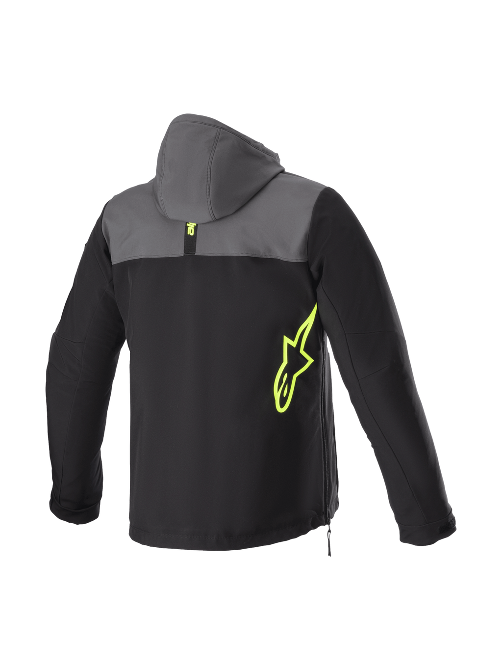 Alpinestars Felpa con cappuccio Sherpa, giacca da moto urban da uomo, nera e grigia con logo giallo fluo, softshell tecnico antivento, protezioni Nucleon Flex Plus, predisposta per sistema airbag Tech-Air®, vista posteriore.