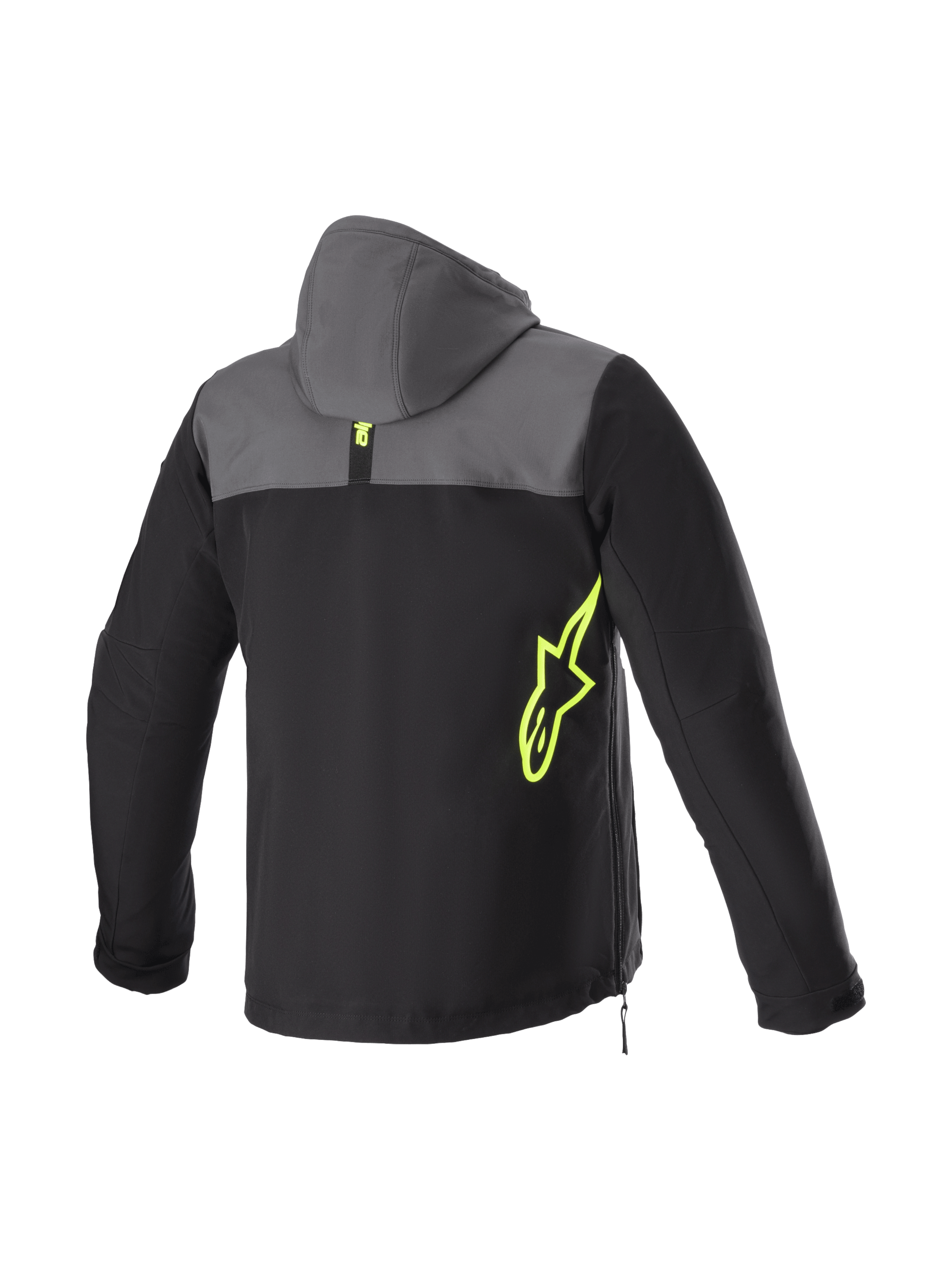 Alpinestars Felpa con cappuccio Sherpa, giacca da moto urban da uomo, nera e grigia con logo giallo fluo, softshell tecnico antivento, protezioni Nucleon Flex Plus, predisposta per sistema airbag Tech-Air®, vista posteriore.