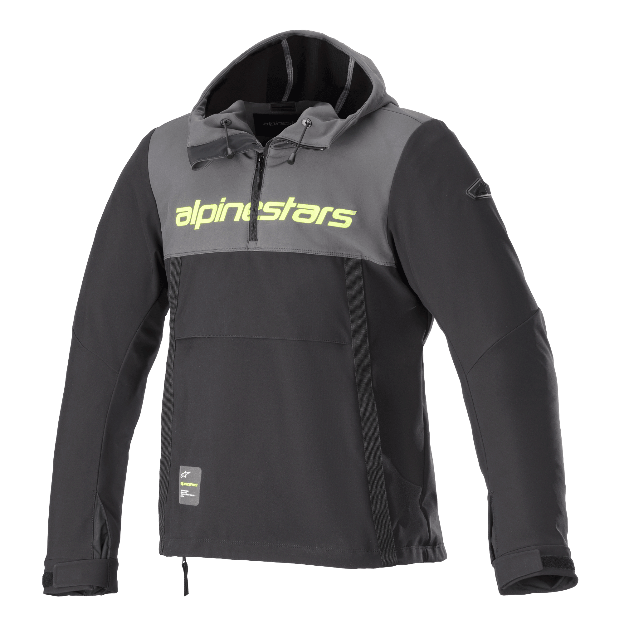 Alpinestars Sherpa Hoodie, felpa tecnica da moto, grigio catrame e nero, logo giallo fluo sul petto, stile anorak con cappuccio e mezza zip, giacca softshell per guida urbana