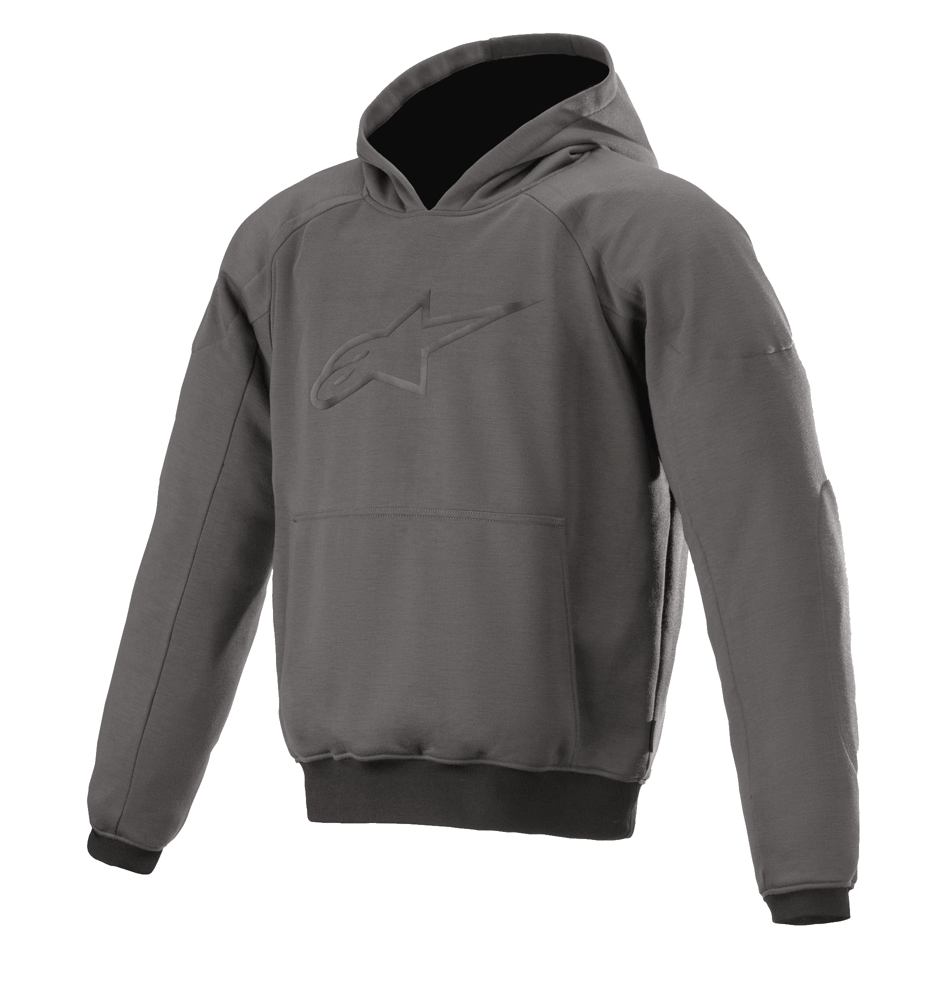 Alpinestars Ageless Hoodie, felpa con cappuccio da moto urban, grigio Asphalt Melange con polsini neri, logo a stella in rilievo sul petto, tasca a marsupio frontale, abbigliamento tecnico casual protettivo