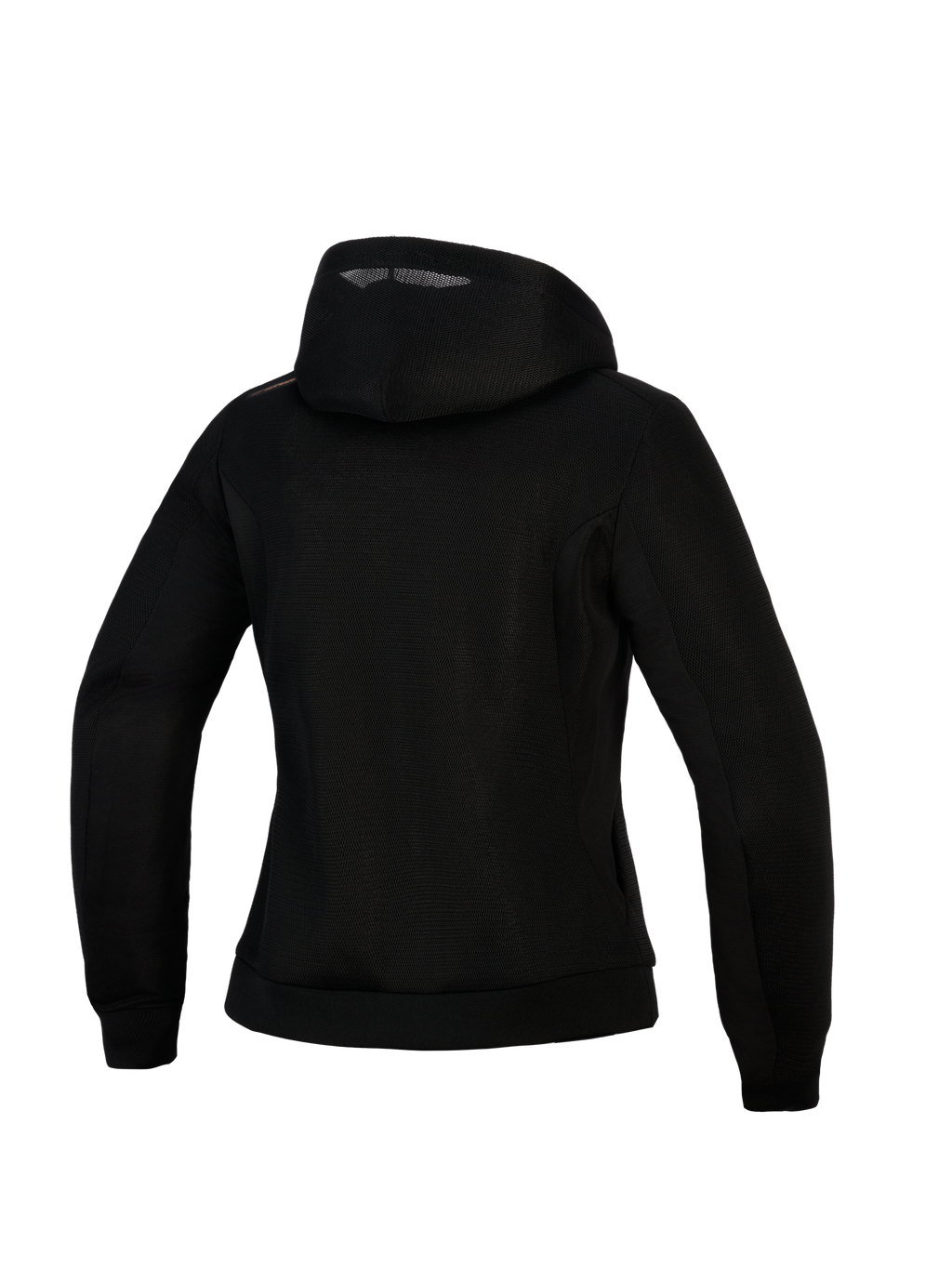 Alpinestars Stella Chrome Superairflow Hoodie, felpa da moto da donna, nera, vista posteriore con costruzione in mesh 3D, design con cappuccio e dettaglio del logo color rame sulla spalla