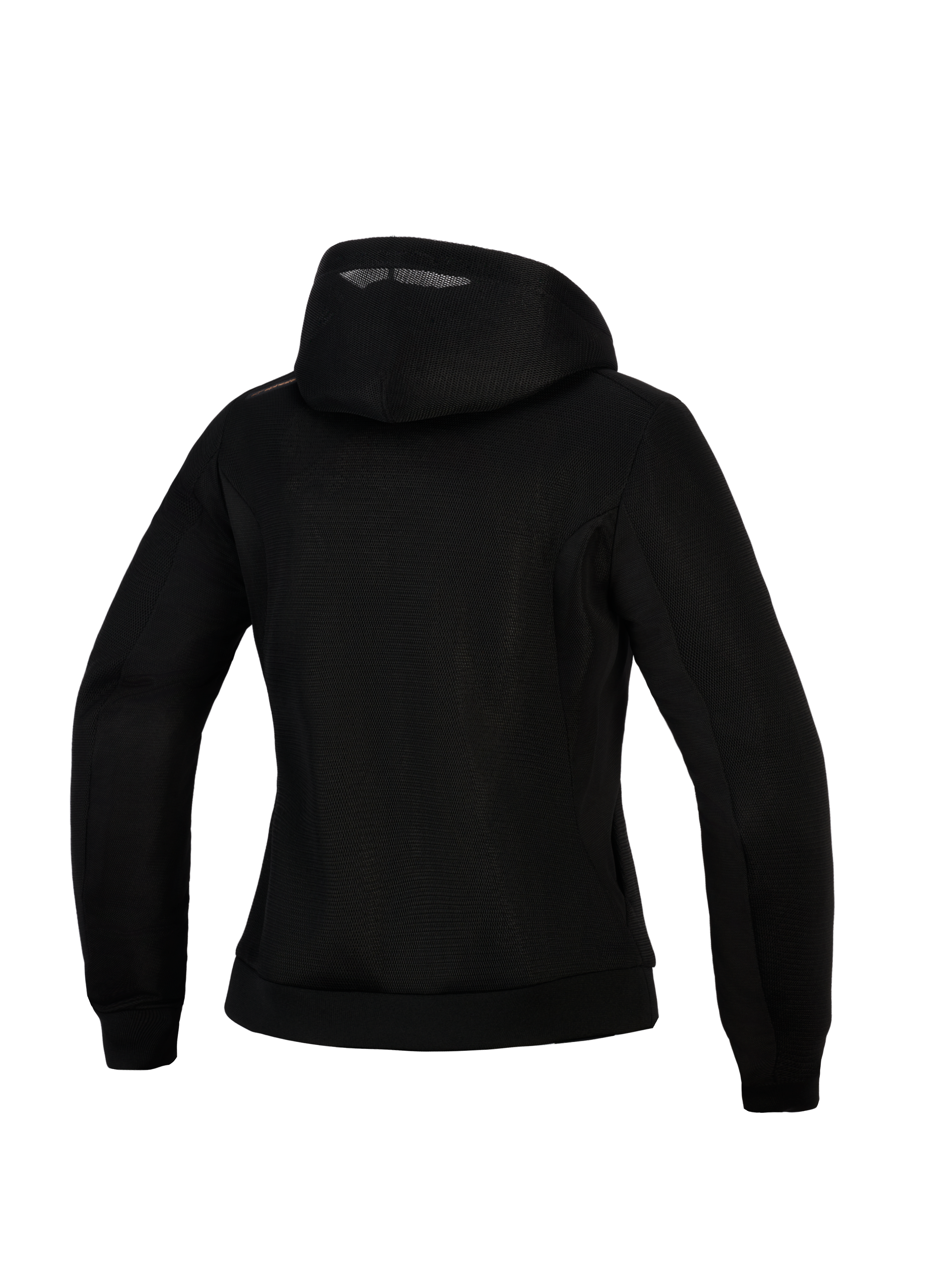 Alpinestars Stella Chrome Superairflow Hoodie, felpa da moto da donna, nera, vista posteriore con costruzione in mesh 3D, design con cappuccio e dettaglio del logo color rame sulla spalla