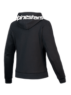 Alpinestars Stella Chrome V2 Sport Hoodie, felpa da moto da donna nera, vista posteriore con cappuccio con marchio e fit sportivo