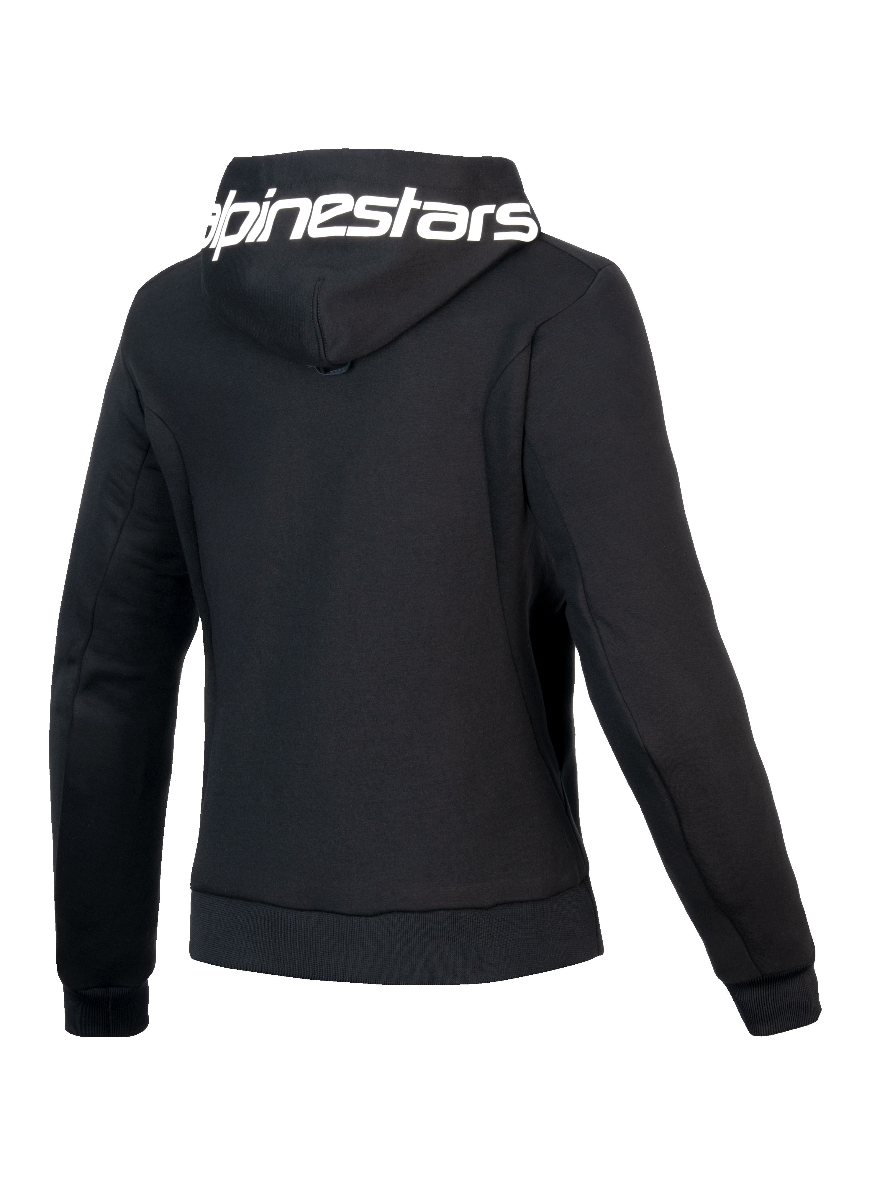 Alpinestars Stella Chrome V2 Sport Hoodie, felpa da moto da donna nera, vista posteriore con cappuccio con marchio e fit sportivo