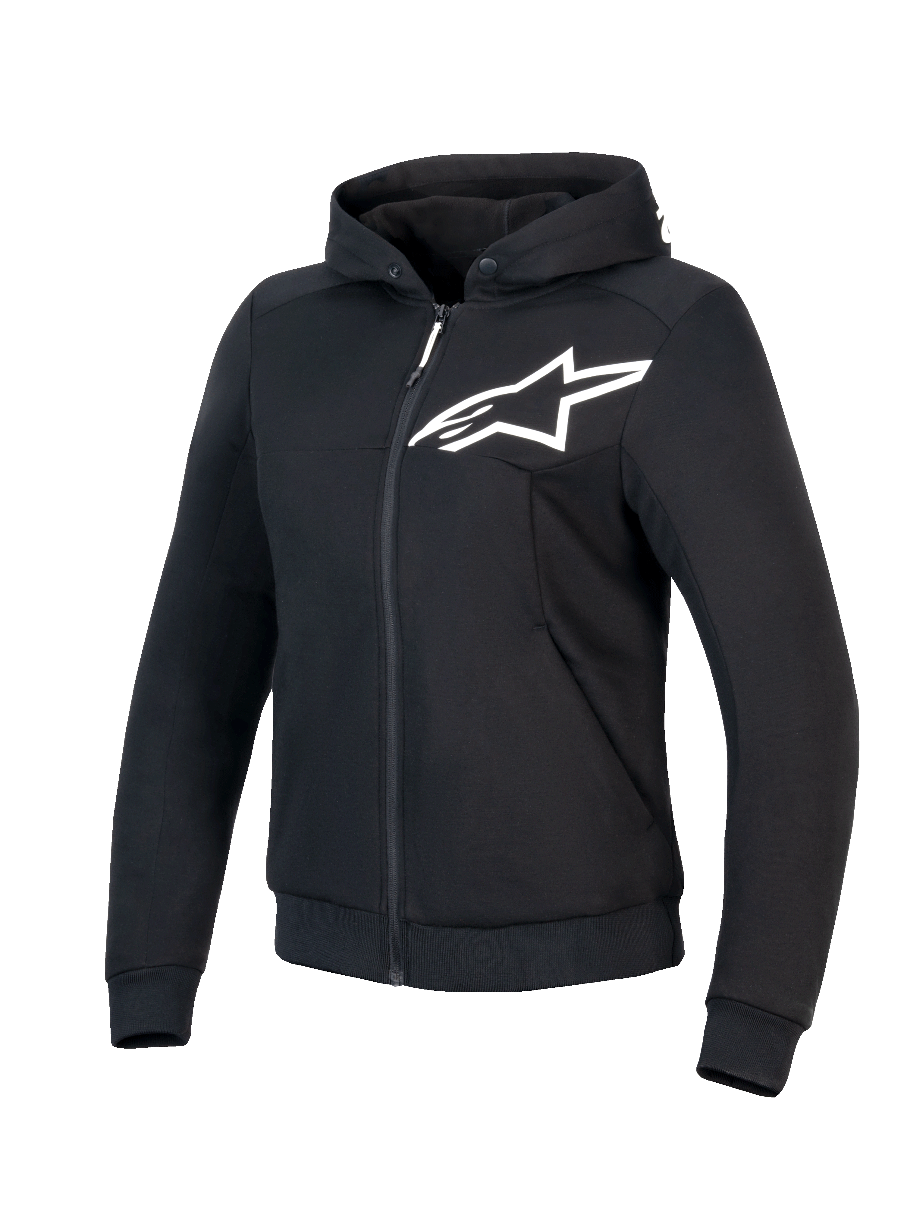 Alpinestars Felpa Con Cappuccio Stella Chrome V2 Sport, felpa da moto da donna nera e bianca, certificata CE Classe A con rinforzi aramidici