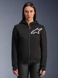 Alpinestars Stella Chrome V2 Sport Hoodie da donna, felpa da moto nera con zip, logo stella bianco sul petto, costruzione in pile tecnico, cappuccio con bottone a pressione sul colletto, abbigliamento tecnico urbano casual