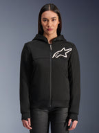 Alpinestars Stella Chrome V2 Sport Hoodie da donna, felpa da moto nera con zip, logo stella bianco sul petto, costruzione in pile tecnico, cappuccio con bottone a pressione sul colletto, abbigliamento tecnico urbano casual