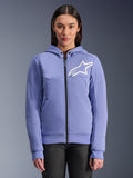 Alpinestars Stella Chrome V2 Sport Hoodie, felpa da moto da donna, viola blu con logo a stella bianco, zip frontale integrale, chiusura del cappuccio con bottoni a pressione, pile tecnico per guida urbana, giacca da moto protettiva casual