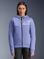 Alpinestars Stella Chrome V2 Sport Hoodie, felpa da moto da donna, viola blu con logo a stella bianco, zip frontale integrale, chiusura del cappuccio con bottoni a pressione, pile tecnico per guida urbana, giacca da moto protettiva casual