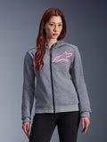 Alpinestars Stella Chrome V2 Sport Hoodie da donna, felpa da moto grigio mélange con logo a stella rosa fluo, tessuto in pile tecnico con polsini e orlo a costine, cerniera anteriore nera con tiretto rosa, streetwear casual per la guida urbana indossato con pantaloni neri