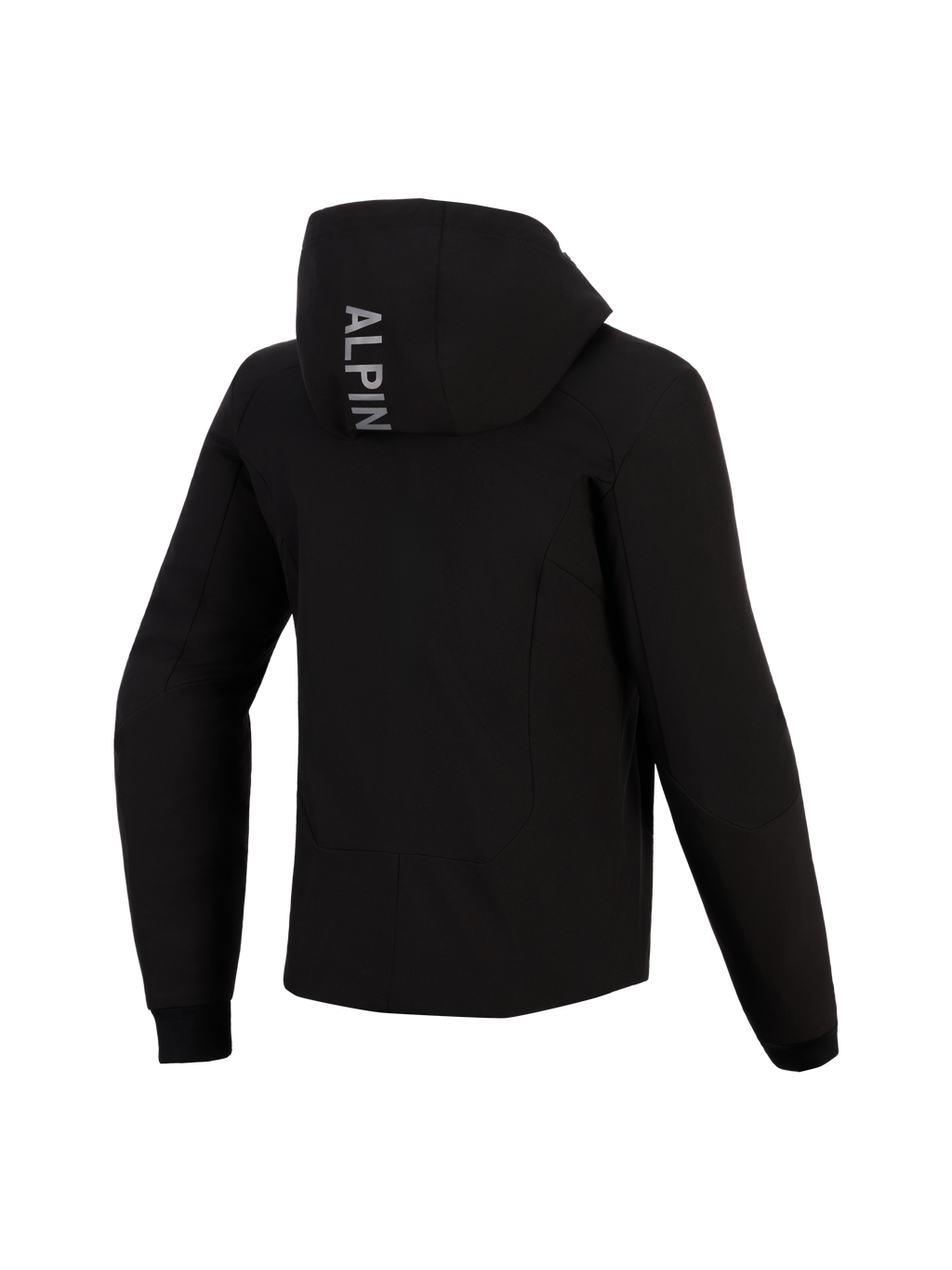 Alpinestars Stella Radium Tech Hoodie da donna, vista posteriore, felpa tecnica da moto nera, presenta la scritta verticale 'ALPIN' sul cappuccio, polsini a coste elasticizzati, abbigliamento protettivo da guida urbana per donna