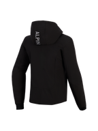 Alpinestars Stella Radium Tech Hoodie da donna, vista posteriore, felpa tecnica da moto nera, presenta la scritta verticale 'ALPIN' sul cappuccio, polsini a coste elasticizzati, abbigliamento protettivo da guida urbana per donna