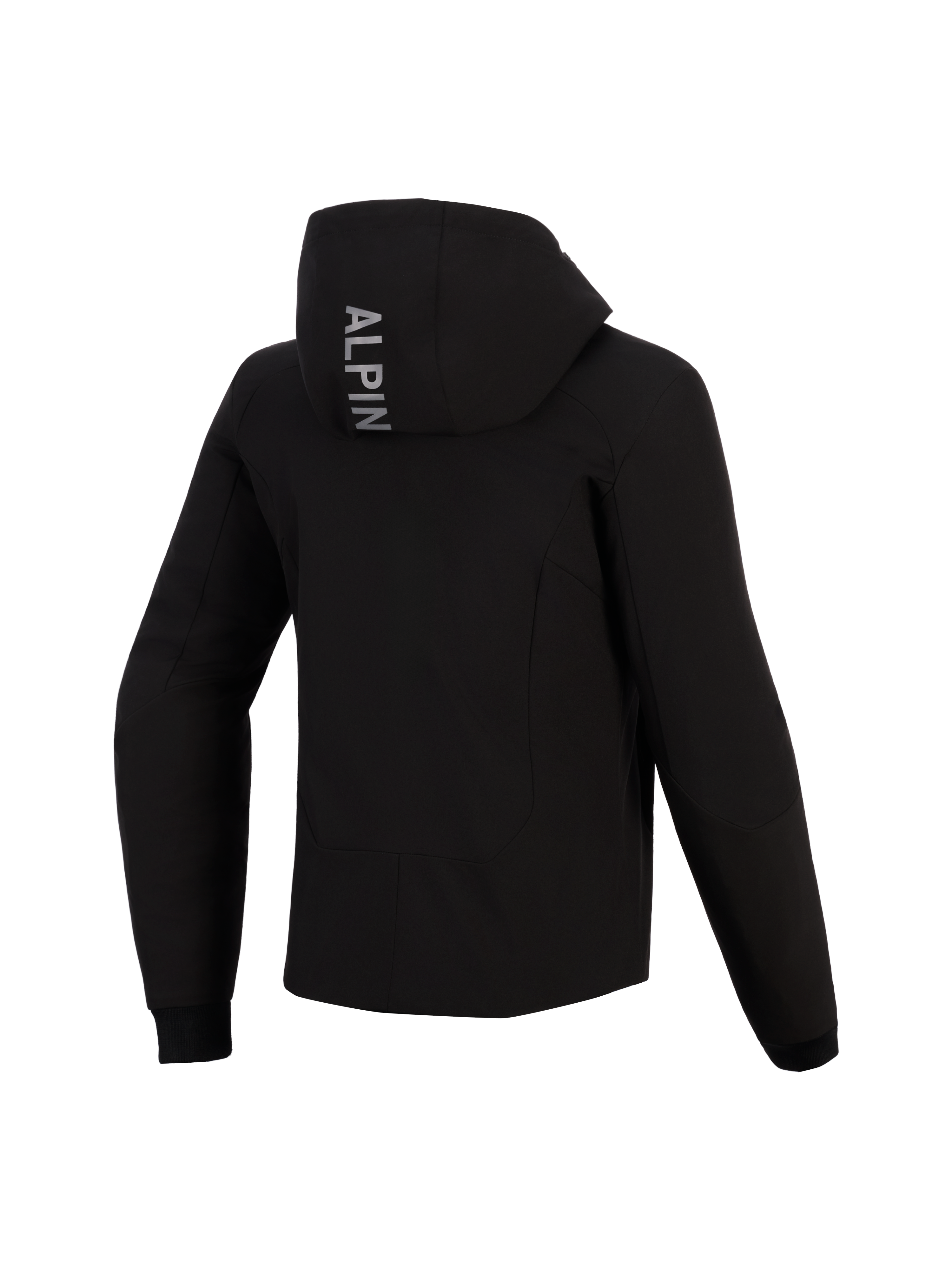 Alpinestars Stella Radium Tech Hoodie da donna, vista posteriore, felpa tecnica da moto nera, presenta la scritta verticale 'ALPIN' sul cappuccio, polsini a coste elasticizzati, abbigliamento protettivo da guida urbana per donna