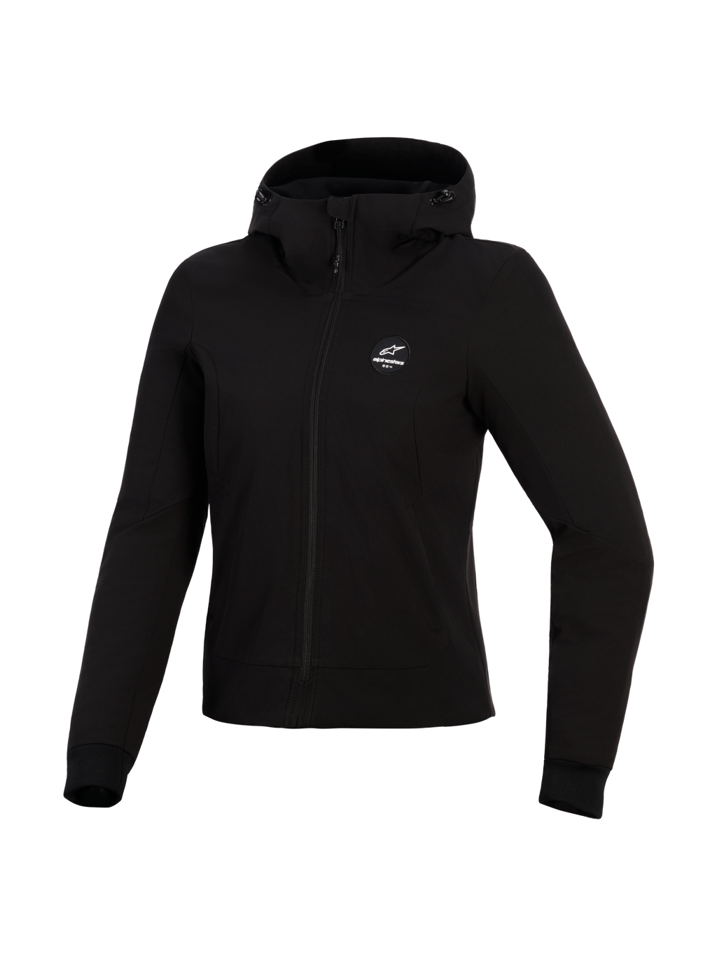 Alpinestars Stella Radium Tech Hoodie, felpa da moto da donna, nero, guscio tecnico a 3 strati antivento, vista frontale, cappuccio con coulisse e polsini a coste, abbigliamento protettivo per la guida urbana