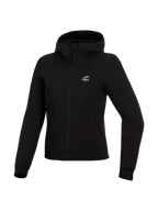 Alpinestars Stella Radium Tech Hoodie, felpa da moto da donna, nero, guscio tecnico a 3 strati antivento, vista frontale, cappuccio con coulisse e polsini a coste, abbigliamento protettivo per la guida urbana