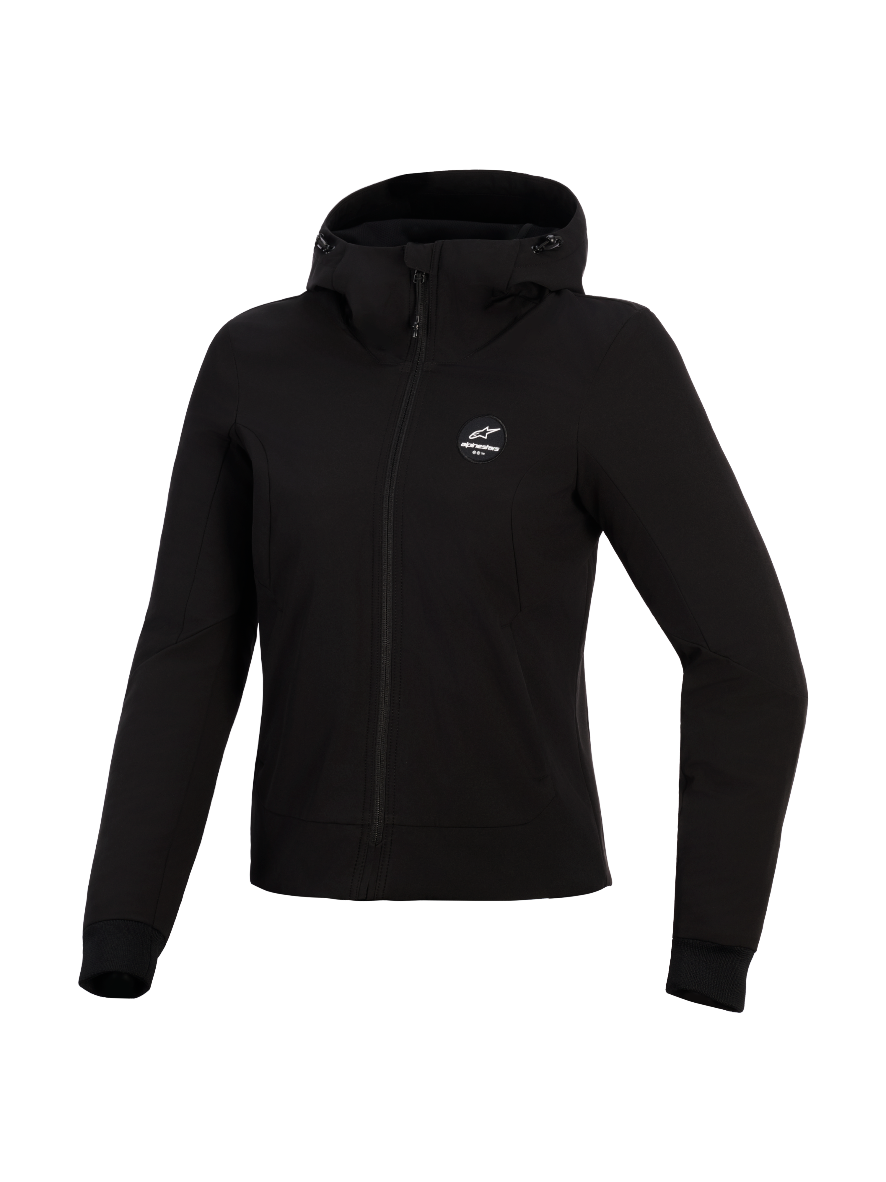 Alpinestars Stella Radium Tech Hoodie, felpa da moto da donna, nero, guscio tecnico a 3 strati antivento, vista frontale, cappuccio con coulisse e polsini a coste, abbigliamento protettivo per la guida urbana