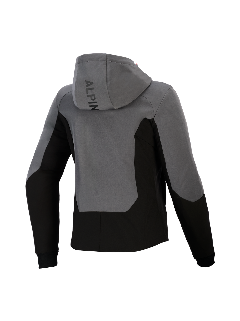 Alpinestars Stella Radium Tech Hoodie da donna, vista posteriore, grigio scuro e nero, felpa da moto urbana con guscio antivento, design a blocchi di colore, logo Alpinestars sul cappuccio e polsini a coste.