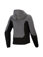 Alpinestars Stella Radium Tech Hoodie da donna, vista posteriore, grigio scuro e nero, felpa da moto urbana con guscio antivento, design a blocchi di colore, logo Alpinestars sul cappuccio e polsini a coste.