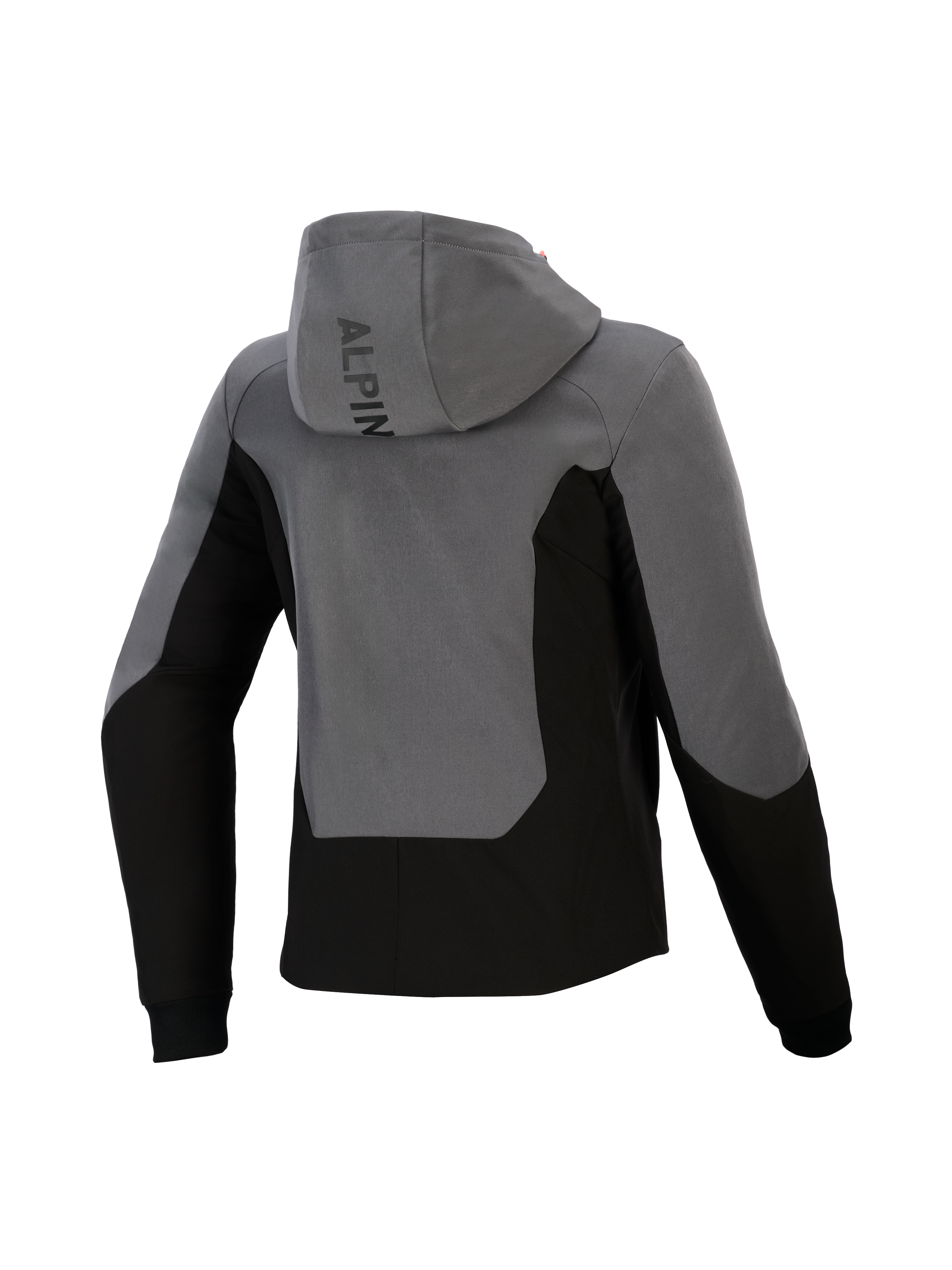 Alpinestars Stella Radium Tech Hoodie da donna, vista posteriore, grigio scuro e nero, felpa da moto urbana con guscio antivento, design a blocchi di colore, logo Alpinestars sul cappuccio e polsini a coste.