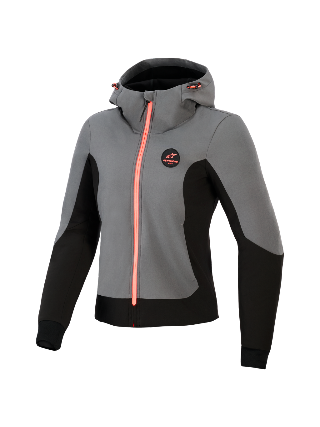 Alpinestars Stella Radium Tech Hoodie da donna, felpa tecnica da moto, grigio scuro e nero con accenti corallo vivace, guscio antivento a 3 strati, design per guida urbana, cappuccio regolabile e vestibilità atletica