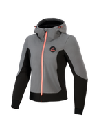 Alpinestars Stella Radium Tech Hoodie da donna, felpa tecnica da moto, grigio scuro e nero con accenti corallo vivace, guscio antivento a 3 strati, design per guida urbana, cappuccio regolabile e vestibilità atletica