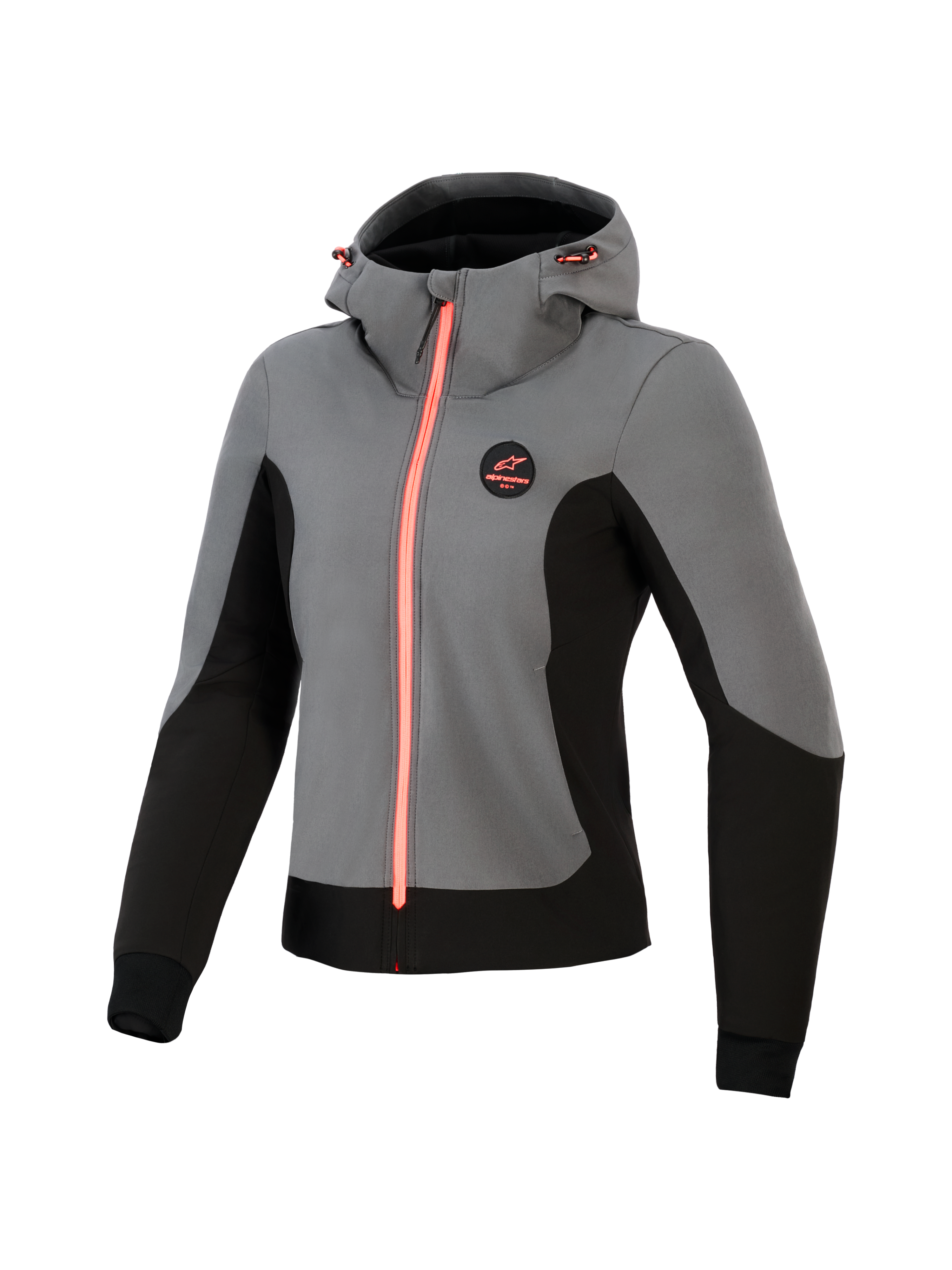 Alpinestars Stella Radium Tech Hoodie da donna, felpa tecnica da moto, grigio scuro e nero con accenti corallo vivace, guscio antivento a 3 strati, design per guida urbana, cappuccio regolabile e vestibilità atletica