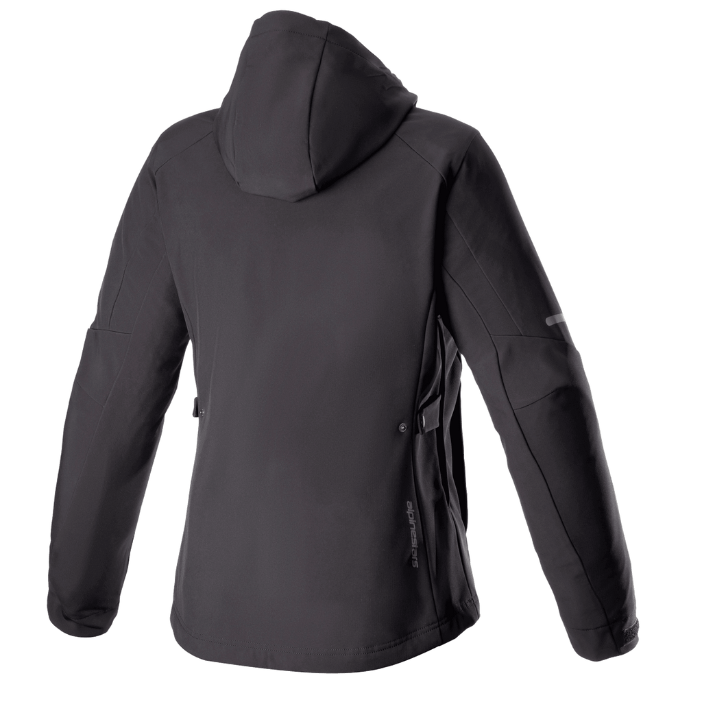 Alpinestars Stella Neo Waterproof Hoodie da donna, vista posteriore, nero, con costruzione in softshell tecnico e cappuccio staccabile, branding verticale discreto sulla parte bassa della schiena e vestibilità femminile ottimizzata per la guida urbana.