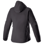 Alpinestars Stella Neo Waterproof Hoodie da donna, vista posteriore, nero, con costruzione in softshell tecnico e cappuccio staccabile, branding verticale discreto sulla parte bassa della schiena e vestibilità femminile ottimizzata per la guida urbana.