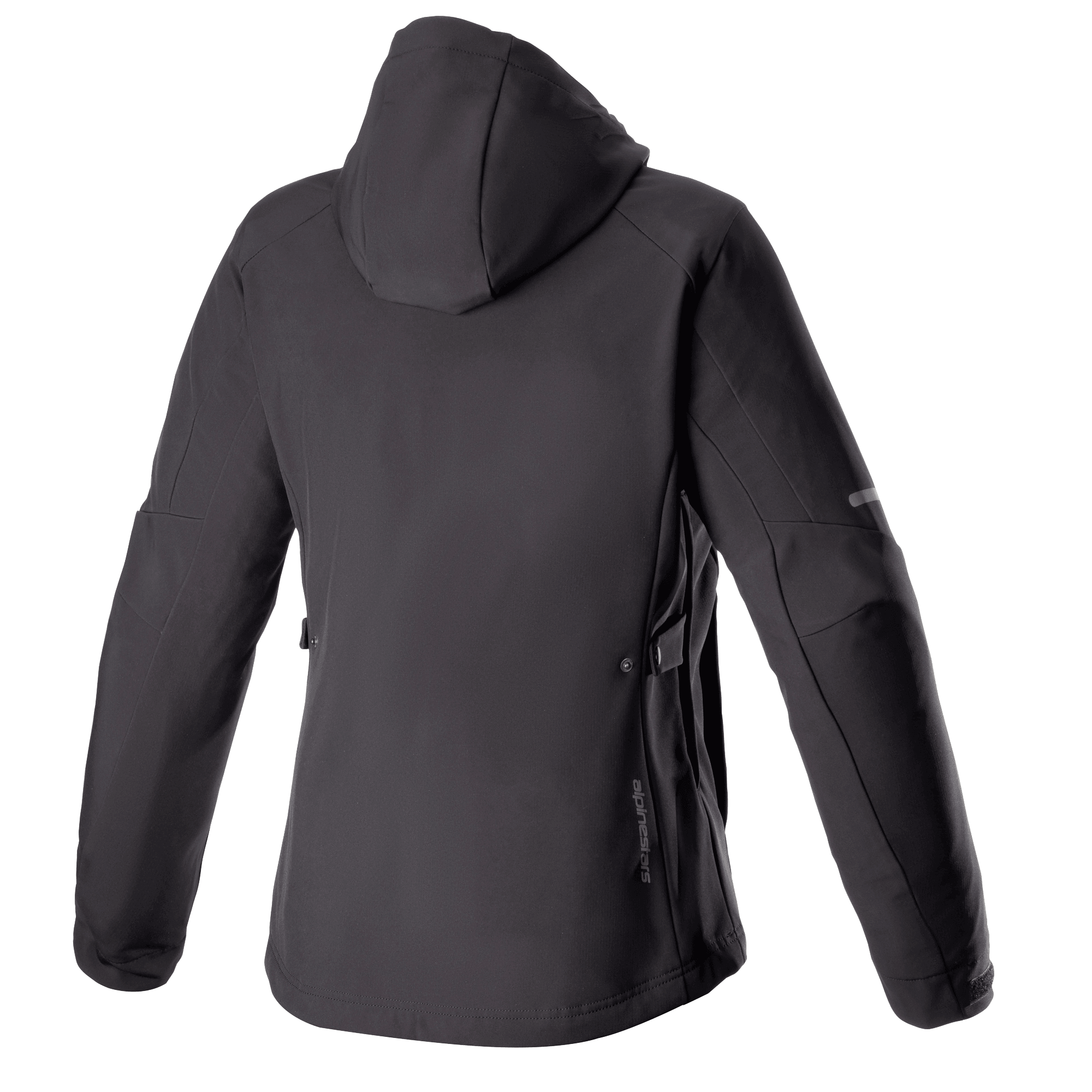 Alpinestars Stella Neo Waterproof Hoodie da donna, vista posteriore, nero, con costruzione in softshell tecnico e cappuccio staccabile, branding verticale discreto sulla parte bassa della schiena e vestibilità femminile ottimizzata per la guida urbana.