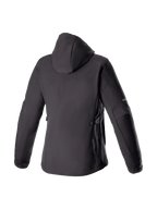 Alpinestars Stella Neo Waterproof Hoodie, giacca da moto urban da donna, nera, softshell, vista posteriore con cappuccio.