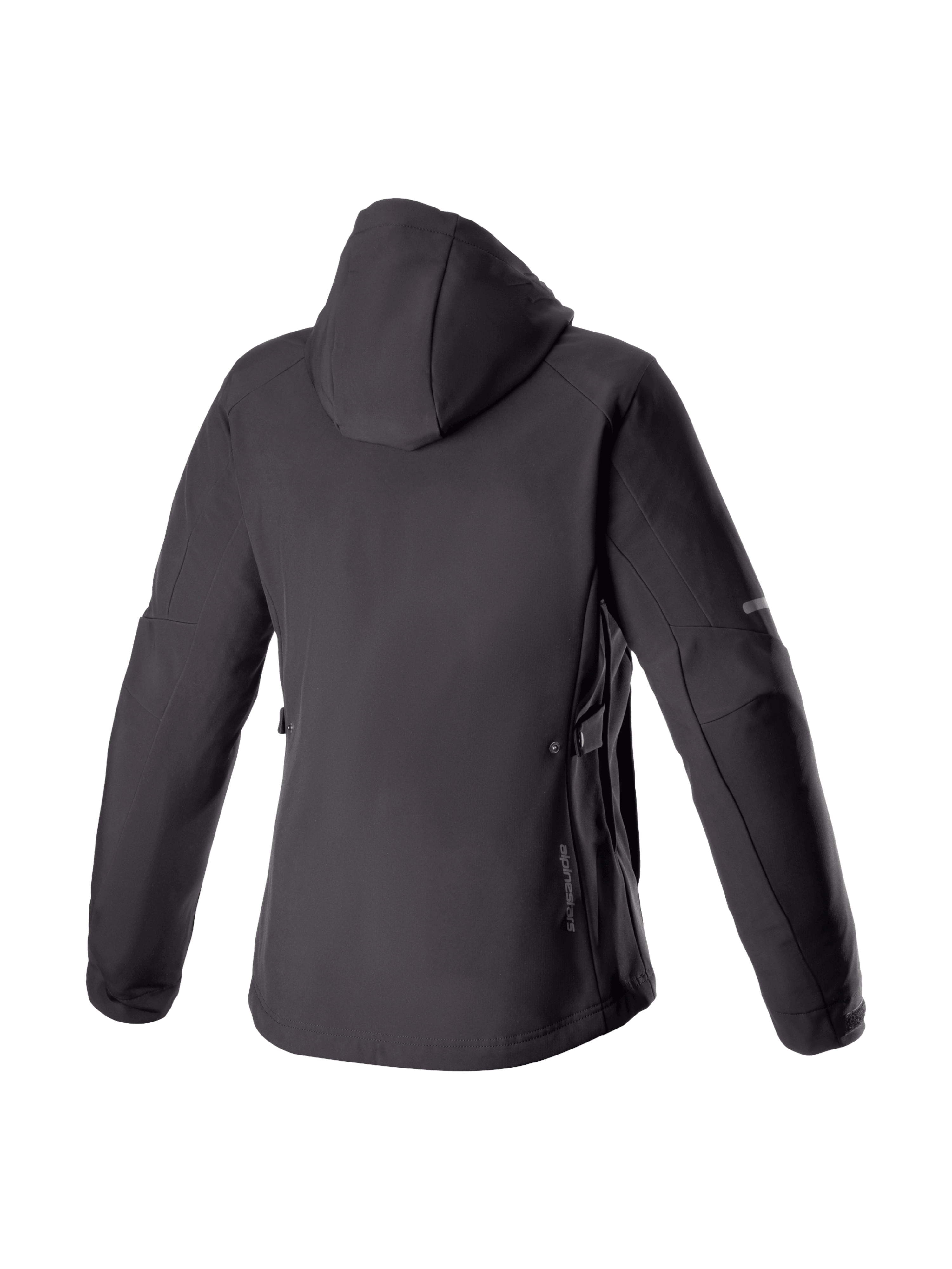Alpinestars Stella Neo Waterproof Hoodie, giacca da moto urban da donna, nera, softshell, vista posteriore con cappuccio.