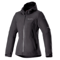 Alpinestars Stella Neo Waterproof Hoodie, giacca moto da donna, nera, design con cappuccio e cerniera anteriore centrale, polsini regolabili, tessuto softshell tecnico, vestibilità femminile sagomata con logo sul petto