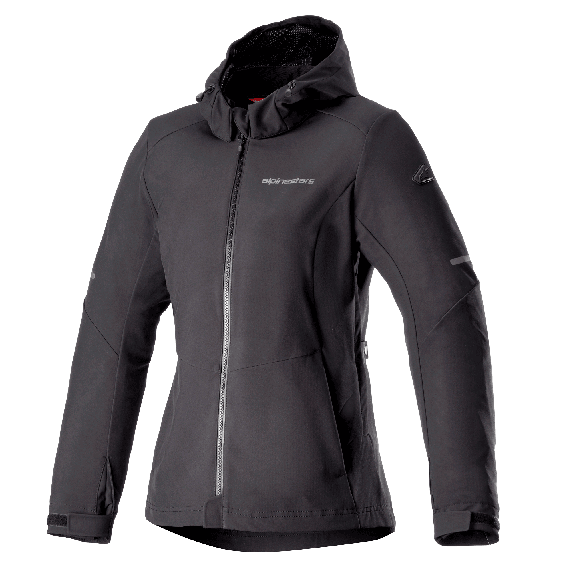 Alpinestars Stella Neo Waterproof Hoodie, giacca moto da donna, nera, design con cappuccio e cerniera anteriore centrale, polsini regolabili, tessuto softshell tecnico, vestibilità femminile sagomata con logo sul petto