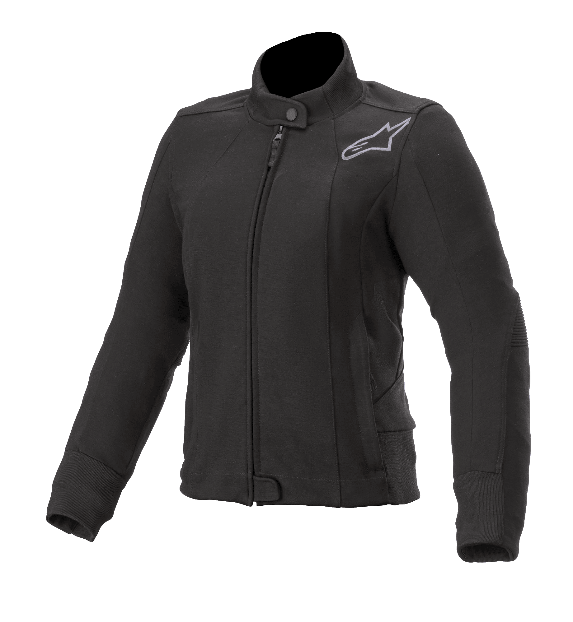 Alpinestars Women's Banshee Fleece, giacca da moto nera, collo alto con bottone a pressione e cerniera frontale, logo Astars ricamato in grigio sul petto, polsini e bordo a coste, design sfiancato per la guida urbana