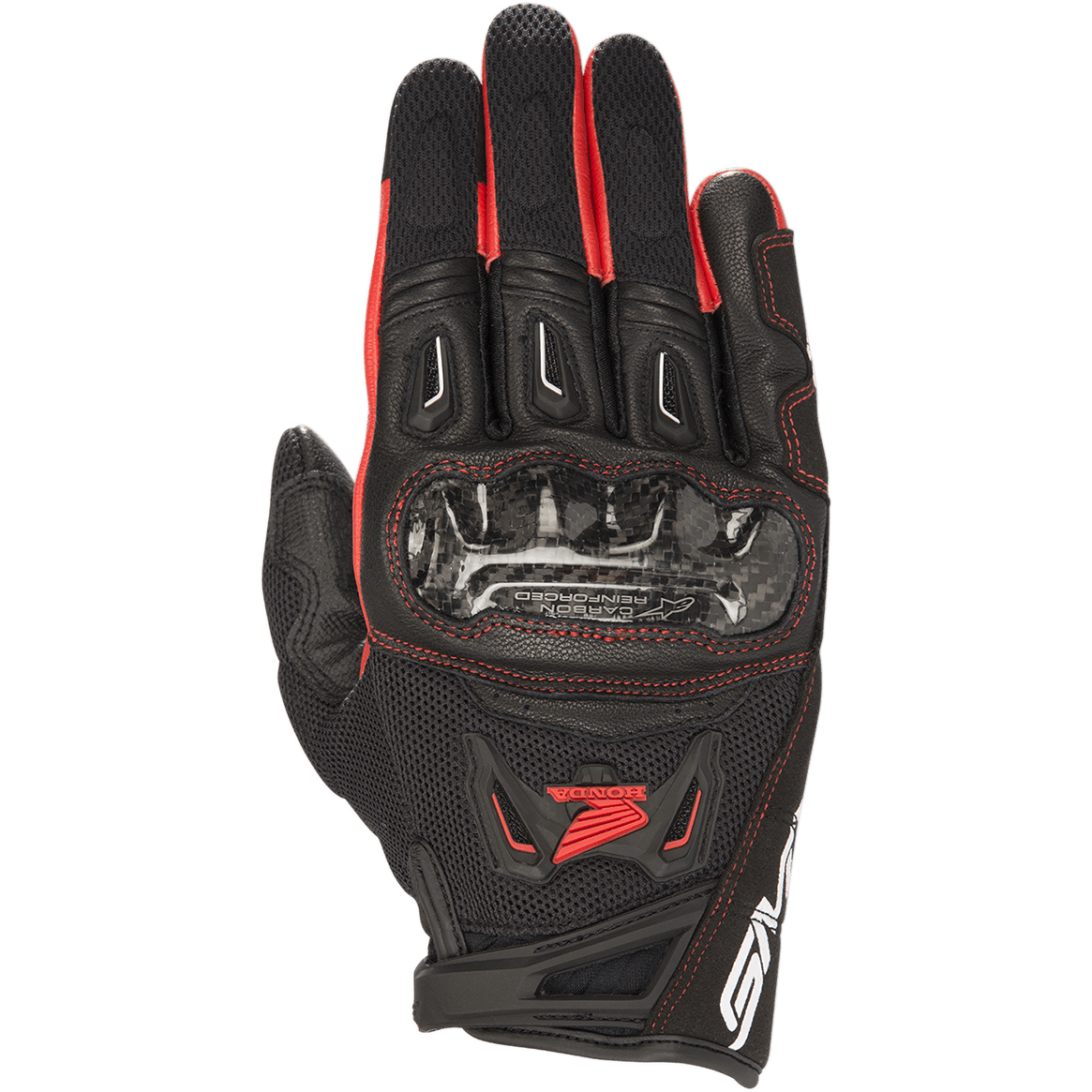 Guanti Alpinestars Honda SMX-2 Air Carbon V2, guanti sportivi da moto, nero e rosso, con protezione nocche in fibra di carbonio, guscio in mesh 3D e pelle, logo Honda ad ala e cuciture rosse, design a polsino corto per guida sportiva su strada.