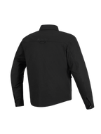 Alpinestars Bryon Water Resistant Overshirt, nero, vista posteriore, caratterizzata da una robusta struttura in tela cerata, carré orizzontale sulle spalle, passante posteriore e una parte posteriore leggermente più lunga per la copertura durante la guida in moto.