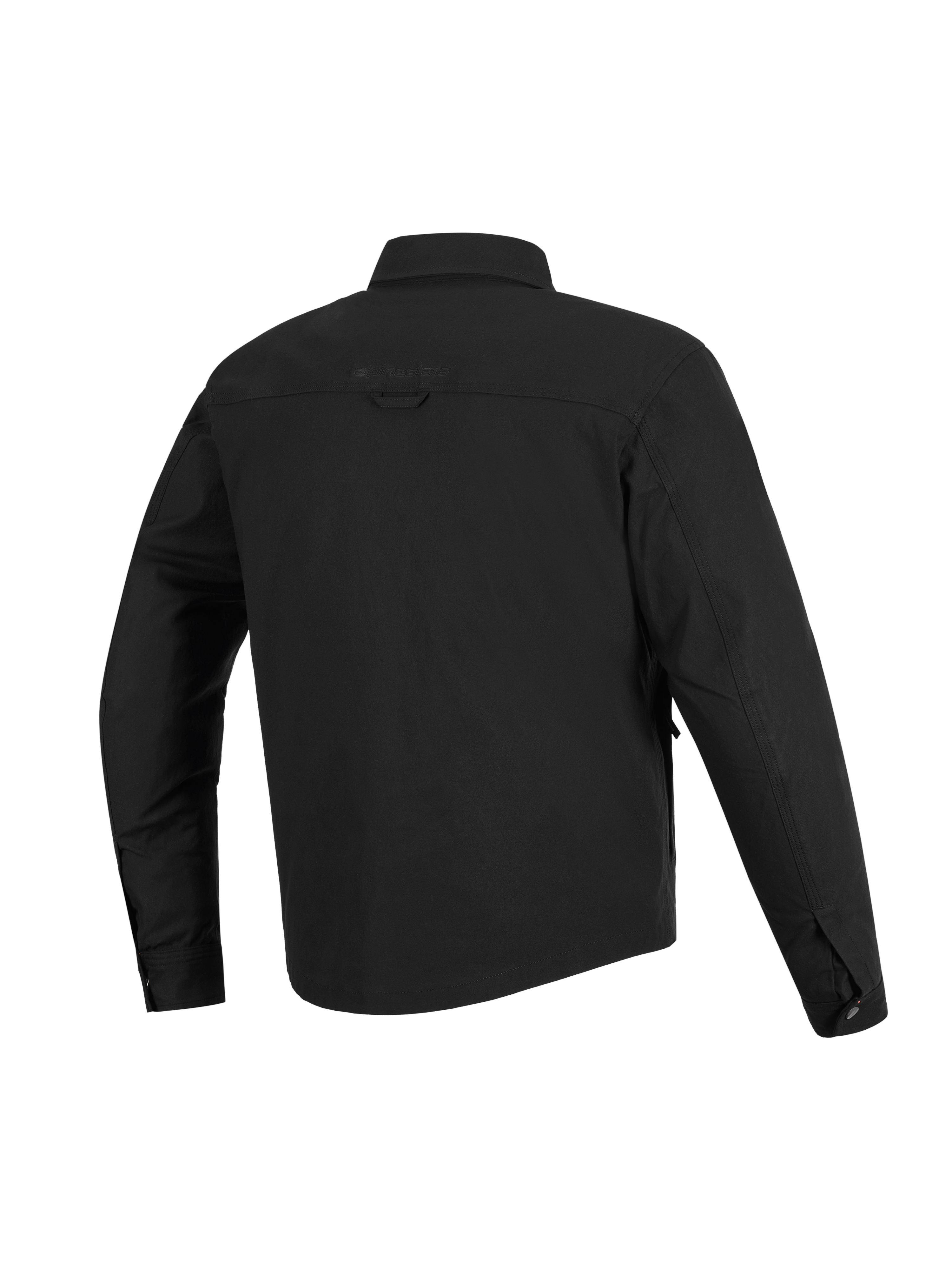 Alpinestars Bryon Water Resistant Overshirt, nero, vista posteriore, caratterizzata da una robusta struttura in tela cerata, carré orizzontale sulle spalle, passante posteriore e una parte posteriore leggermente più lunga per la copertura durante la guida in moto.