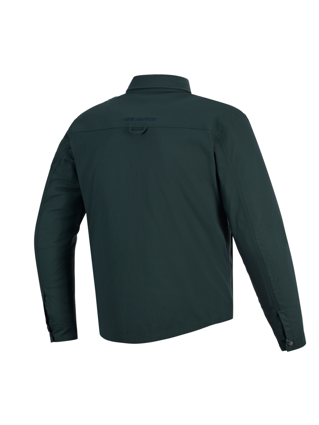 Alpinestars Bryon Water Resistant Overshirt, Dark Emerald, vista posteriore, giacca da moto in tela cerata resistente all'acqua, presenta logo ricamato sulla parte superiore della schiena, asola posteriore e profilo posteriore più lungo per una maggiore copertura