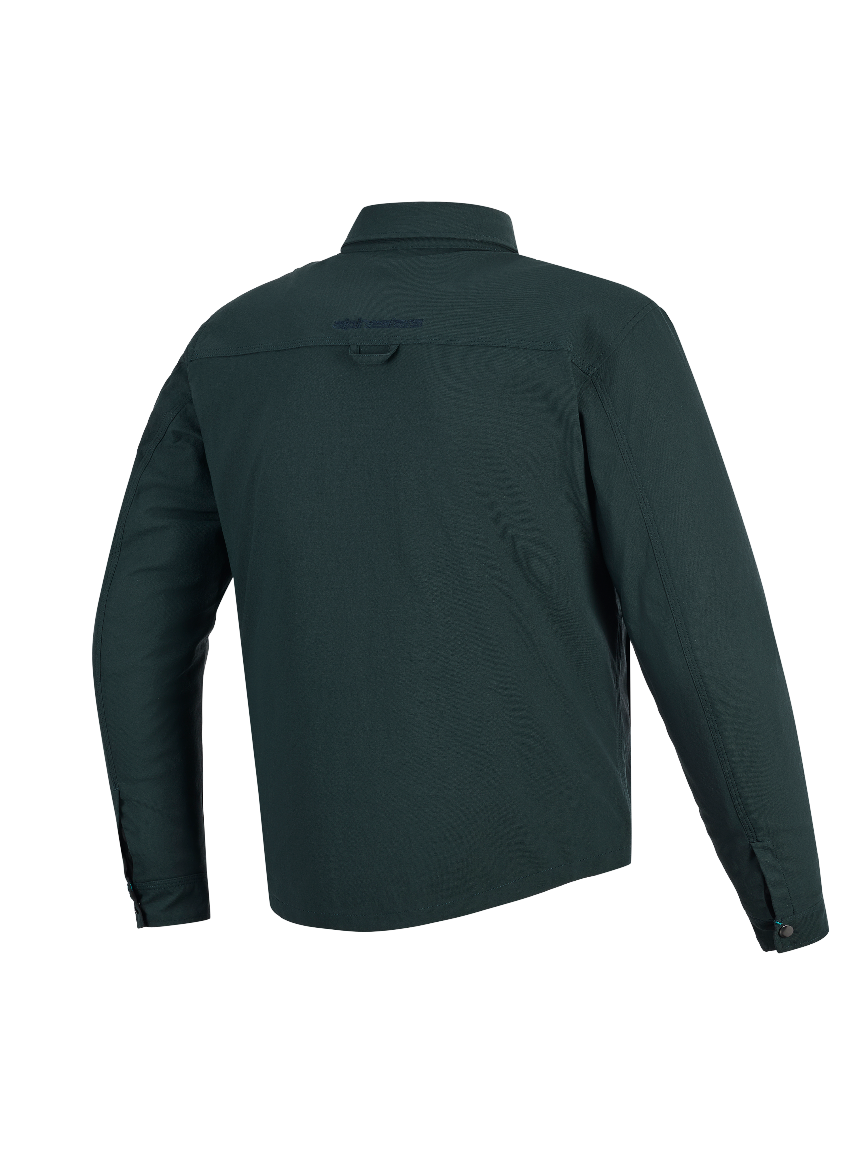 Alpinestars Bryon Water Resistant Overshirt, Dark Emerald, vista posteriore, giacca da moto in tela cerata resistente all'acqua, presenta logo ricamato sulla parte superiore della schiena, asola posteriore e profilo posteriore più lungo per una maggiore copertura